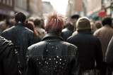 Back view of punk in leather jacket with colorful hair in crowd. 