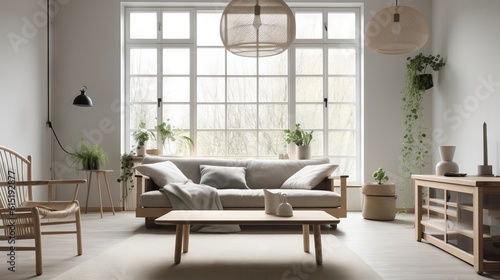Modern living room with natural lighting. Home interior with feng shui and no people perfect for sets and backgrounds, soft lights, generative ai