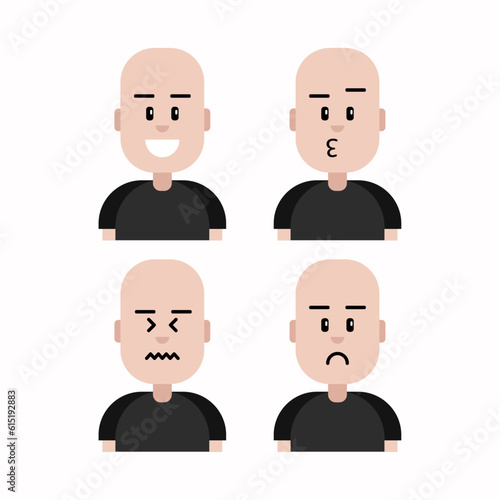 Bald man avatar. Collection of expressions, happy, sad, upset and kissing.