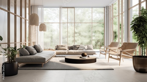 Modern living room with natural lighting. Home interior with feng shui and no people perfect for sets and backgrounds, soft lights, generative ai