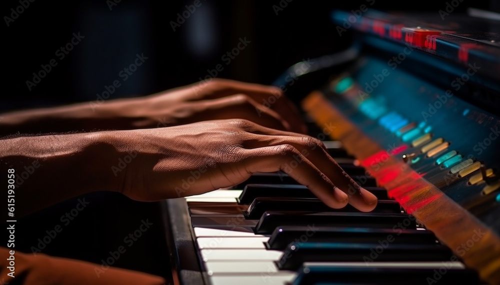 Obraz premium The pianist skillful hand plays a chord on the piano generated by AI