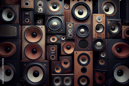 Pile of vintage audio speaker systems. Music retro background, abstract illustration.