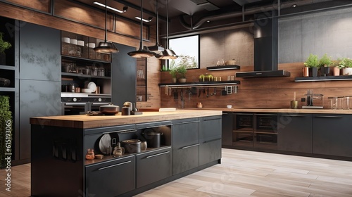 Wallpaper Mural Contemporary Cozy Home Interior with Modern Kitchen and Comfortable Living Room, Modern Kitchen Interior with Stylish Countertop and Furniture, generative ai Torontodigital.ca