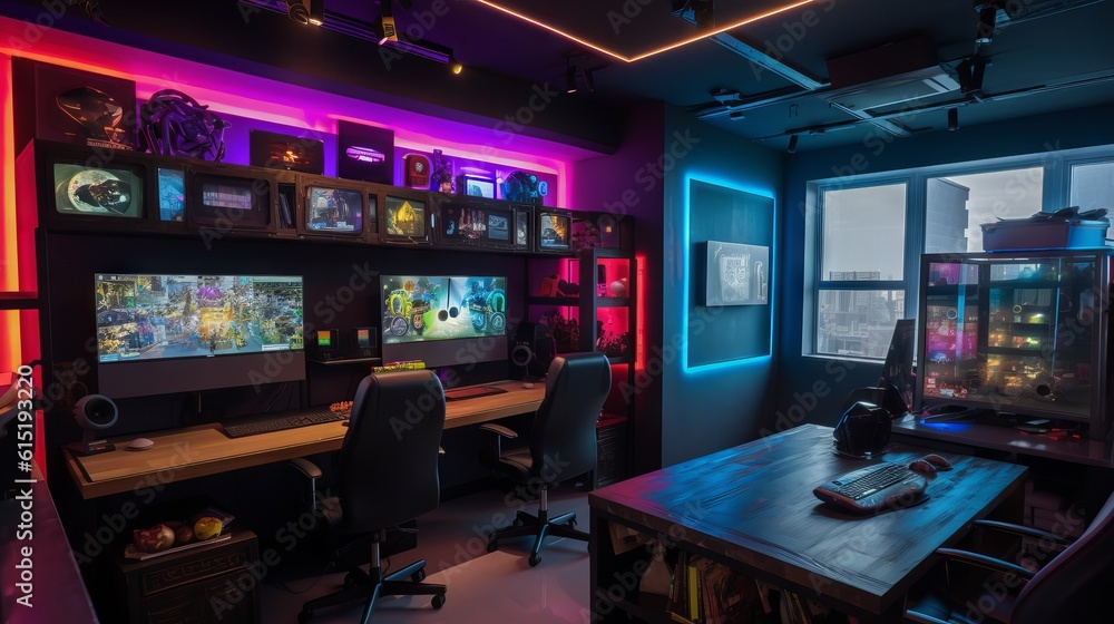 Modern Colorful Gaming Studio with rgb lights and gaming chair, generative ai Modern Colorful Gaming Studio with rgb lights and gaming chair, generative ai