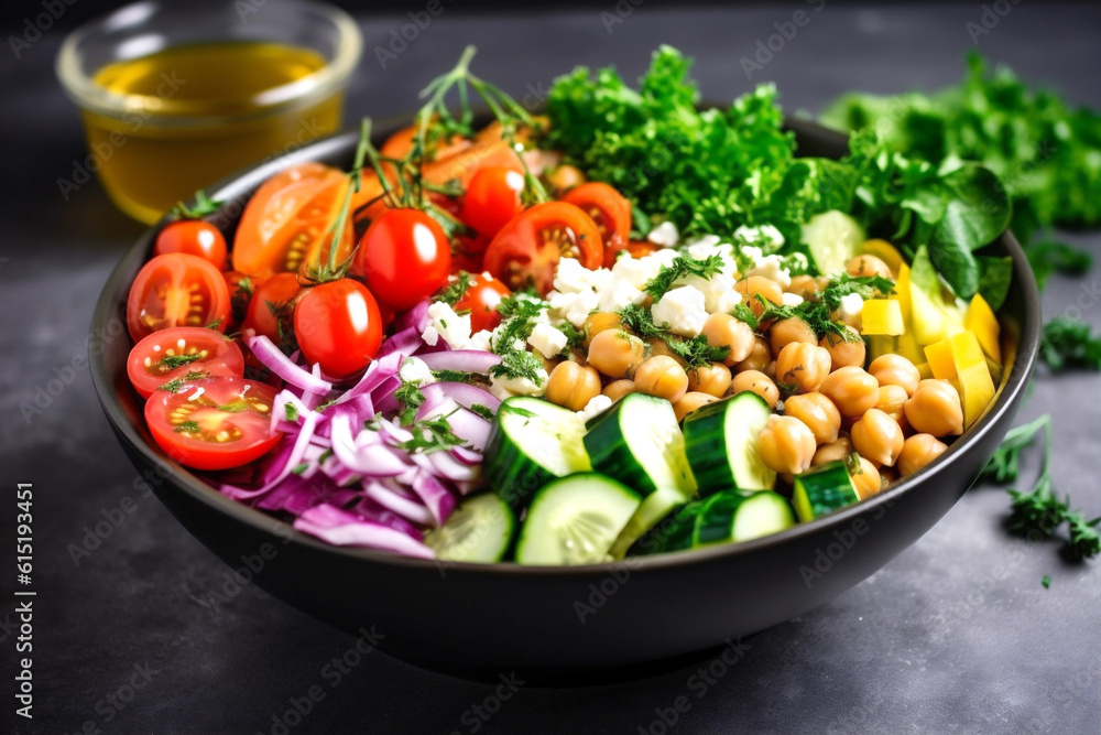 Chickpea Salad in bowl with fresh veggies, herbs, and a zesty dressingon marble tabletop. Generative Ai content.