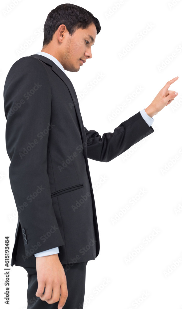 Digital png photo of focused biracial businessman pointing with finger on transparent background Digital png photo of focused biracial businessman pointing with finger on transparent background