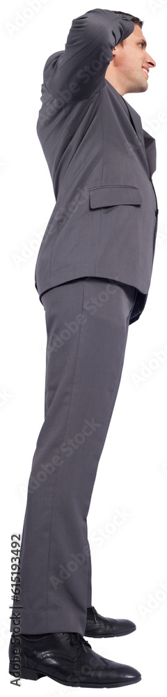 Digital png photo of side view of smiling caucasian businessman on transparent background Digital png photo of side view of smiling caucasian businessman on transparent background
