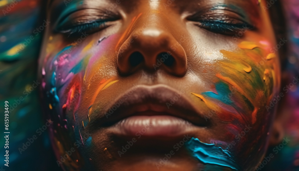 Beautiful young woman glows with vibrant ultraviolet colors and glitter generated by AI Beautiful young woman glows with vibrant ultraviolet colors and glitter generated by AI