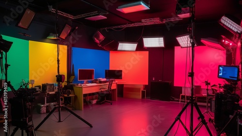 Interior of the colorful filmmaking studio with multiple colorful screens and modern desktop and lights by generative ai