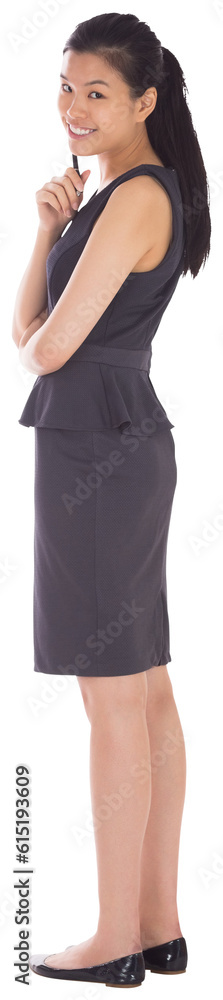 Digital png photo of smiling asian businesswoman looking up on transparent background Digital png photo of smiling asian businesswoman looking up on transparent background