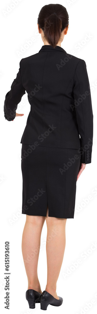 Digital png photo of rear view businesswoman pointing with finger on transparent background Digital png photo of rear view businesswoman pointing with finger on transparent background