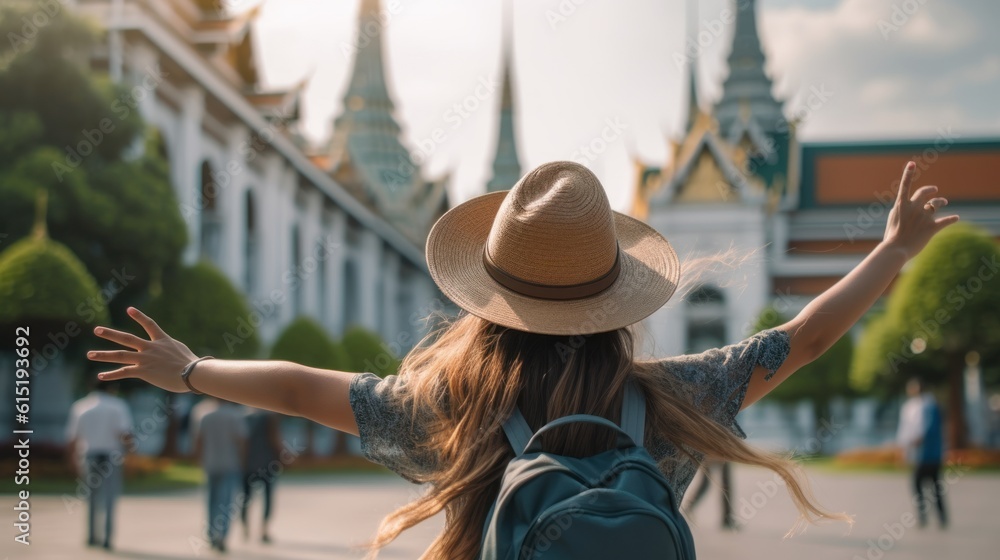  Happy woman in a hat and backpack with her arms up against the background of [Wat Phra Kaew, Bangkok, Thailand] - enjoying a quiet time walking outdoors. Clear skies - health, wellness, travel, 
