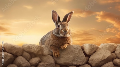 Rabbit laying on top of some rocks near the sunset