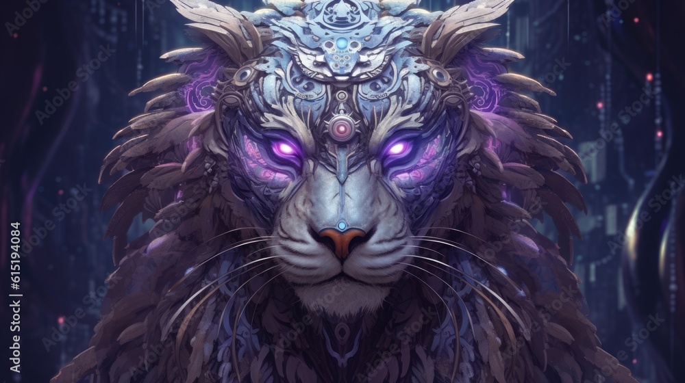 Portrait of a grey tiger in purple with wings