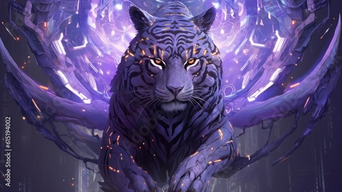 Portrait of a grey tiger in purple with wings