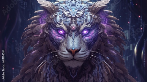 Portrait of a grey tiger in purple with wings