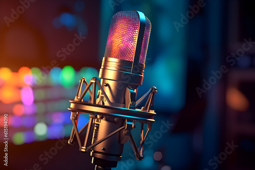 A close-up of a microphone for podcasting or ASMR sounds on black stand in a neon led lighting, cyan and magenta, in a sound recording studio. Generative AI technology