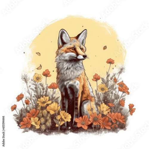 Red fox with flowers is sitting in the field