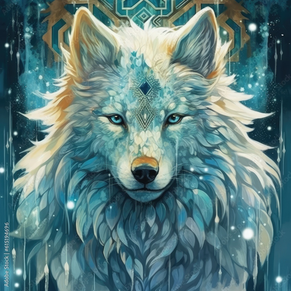 Naklejka premium The blue wolf is sitting with star sky