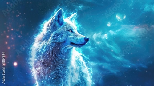 Blue wolf on galaxy night sky