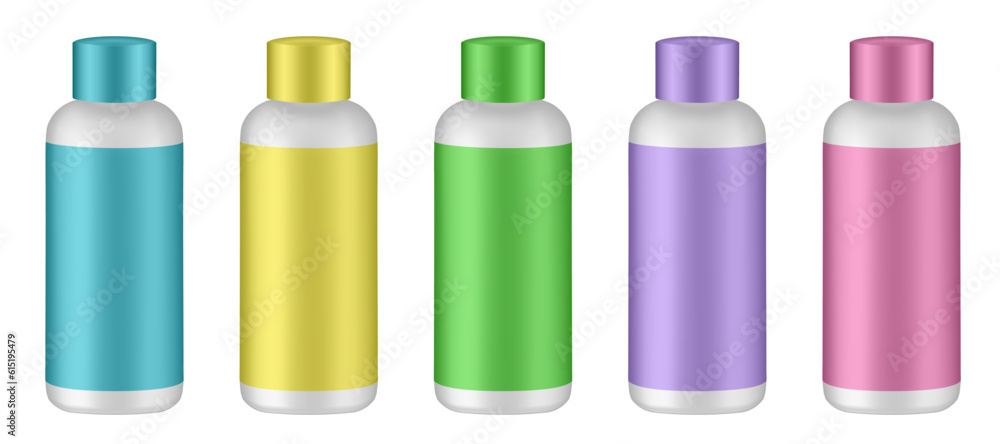 Set of cosmetic bottles with label and cap. Yellow, green, blue, purple and pink bottles. Hair dye, oxydant cream, shampoo, shower gel or body lotion Set of cosmetic bottles with label and cap. Yellow, green, blue, purple and pink bottles. Hair dye, oxydant cream, shampoo, shower gel or body lotion