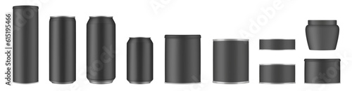 Set of black tin cans and jars. Coffee or tea canister. Tin can for preserves or pet food. Beer, cocktail or soda can. Chips tube. Cookie jar. Round box for sugar or flour