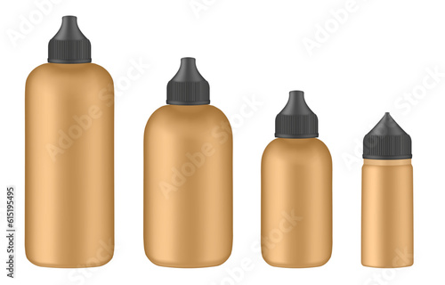 Set of gold squeeze bottles. Colorful hair dye, oxidant cream. E-juice vape liquid. Foundation container