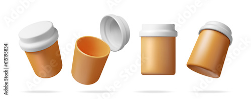 3D Plastic Pill Bottles from Different Angles Collection Isolated. Render Set of Medicine Package for Pills, Capsule, Drugs. Box for Illness and Pain Treatment Healthcare Pharmacy. Vector Illustration