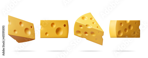 3D Piece of Cheese from Different Angles Collection Isolated on White. Render Triangular Cheese Icon Set. Milk Dairy Product. Realistic Organic Healthy Food Symbol. Vector Illustration
