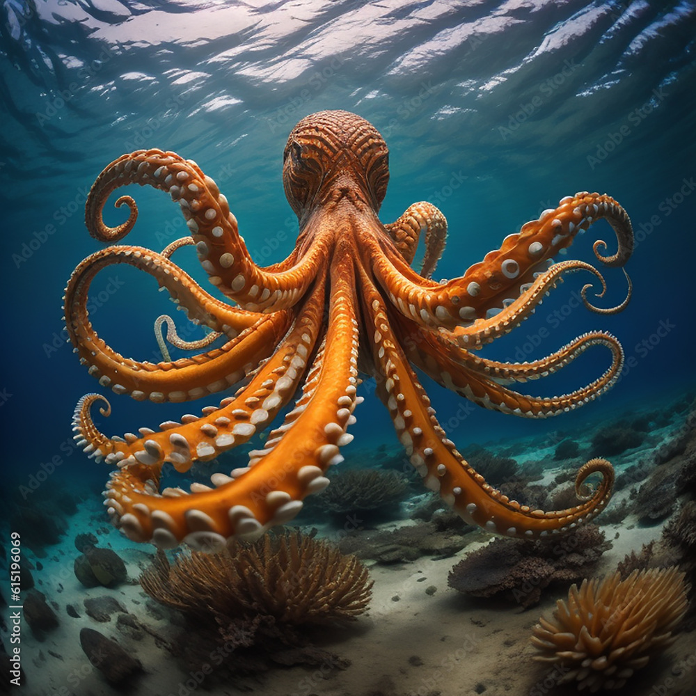 Obraz premium Octopus on water, camouflaging and propelling through the sea 