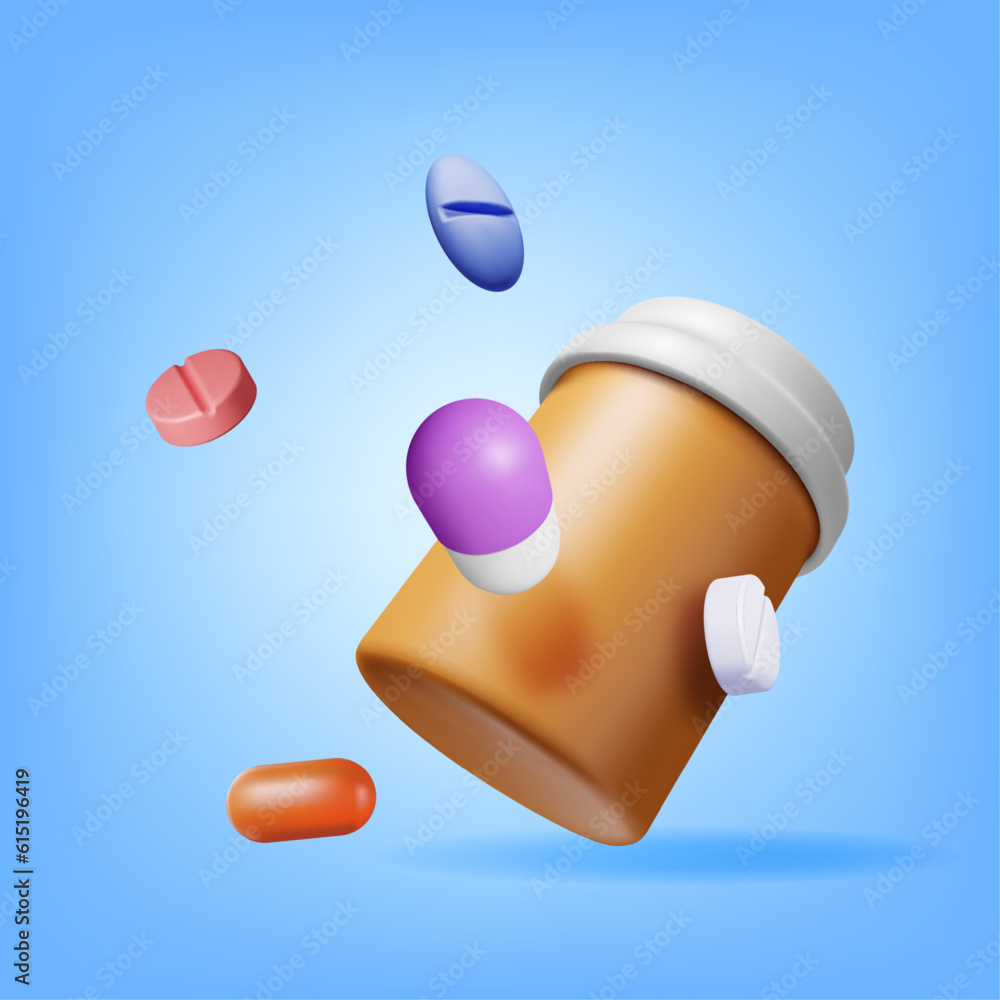 3D Plastic Bottle Full of Pills. Render Medicine Package for Pills, Capsule, Drugs. Box for Illness and Pain Treatment. Medical Drug, Vitamin, Antibiotic. Healthcare Pharmacy. Vector Illustration 3D Plastic Bottle Full of Pills. Render Medicine Package for Pills, Capsule, Drugs. Box for Illness and Pain Treatment. Medical Drug, Vitamin, Antibiotic. Healthcare Pharmacy. Vector Illustration