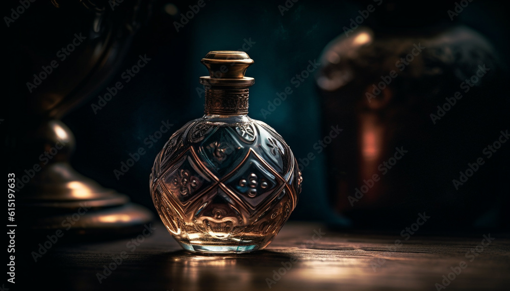 An old fashioned whiskey bottle on a rustic wooden table generated by AI