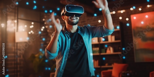 Happy male in vr headset stretching out arms and smiling while dancing in cyberspace in home background, generative ai