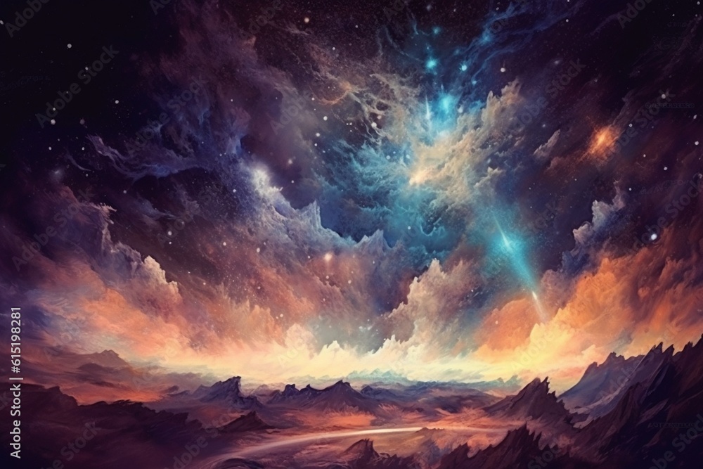 Ethereal Celestial Scene with Stars, Galaxies and Cosmic Elements Created with Generative AI