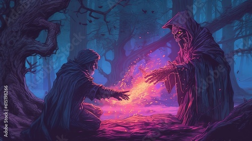 A warlock making a pact with a dark entity in a mysterious ritual . Fantasy concept   Illustration painting.