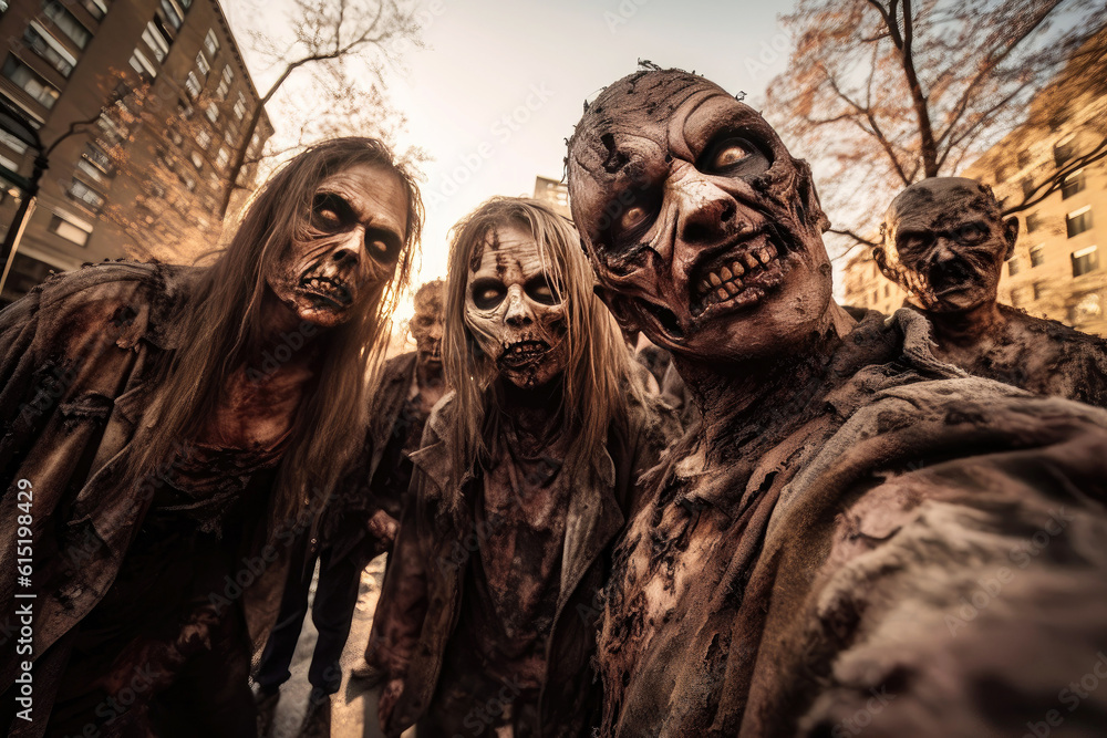 Group of walking dead zombies in city taking selfie Group of walking dead zombies in city taking selfie