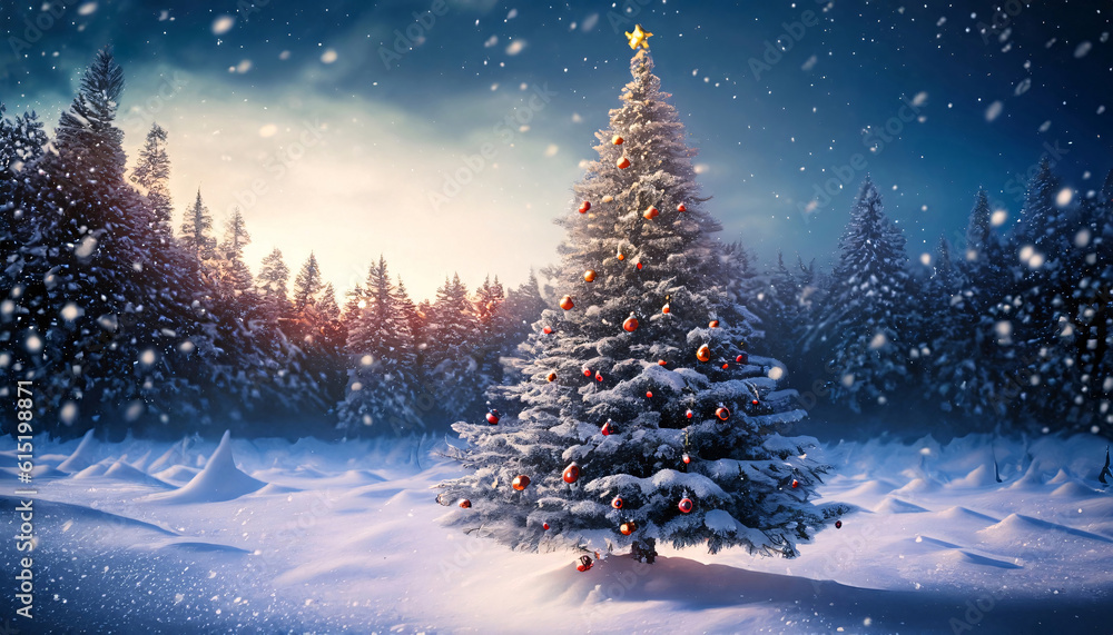 Enchanting Cinematic Christmas Tree with Snowy Wonderland | AI-Generated Illustration