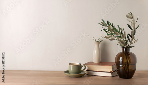Elegant Object Presentation: Table Setting with Vase, Book, and Coffee or Herbal Tea Cup, Olive Branches in Vase, White Wall Background | AI-Generated Image

