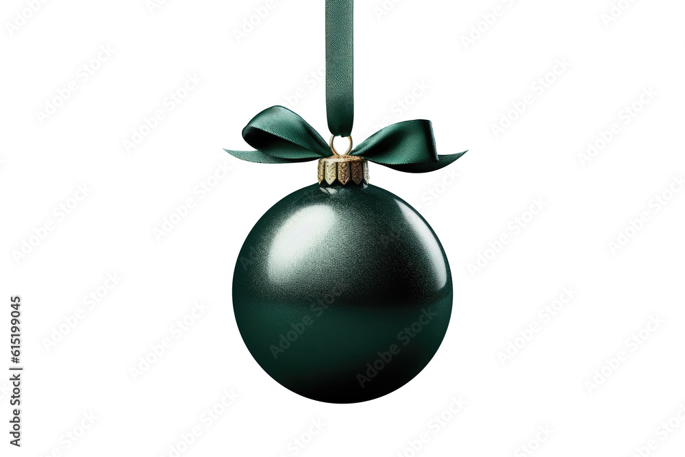 green Christmas ball with ribbon and a bow on white background. Generative AI green Christmas ball with ribbon and a bow on white background. Generative AI