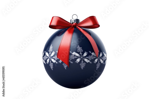 dark blue Christmas ball with ribbon and a bow on white background. Generative AI