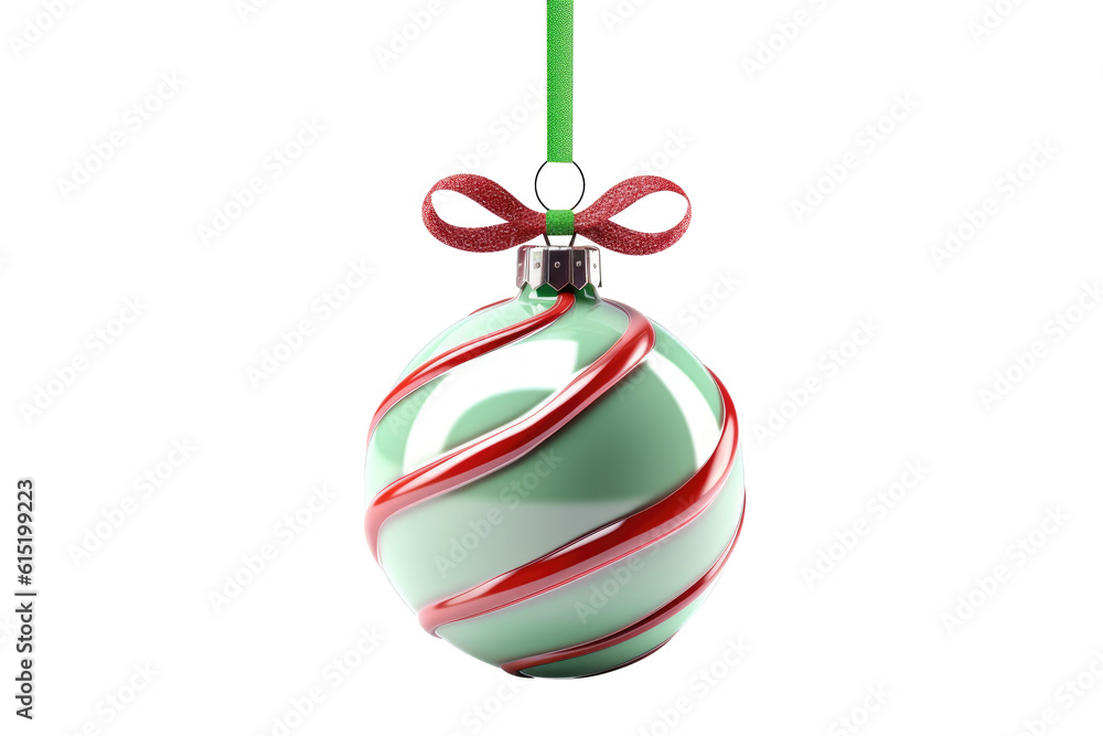 Green Christmas ball with ribbon and a bow on white background. Generative AI Green Christmas ball with ribbon and a bow on white background. Generative AI
