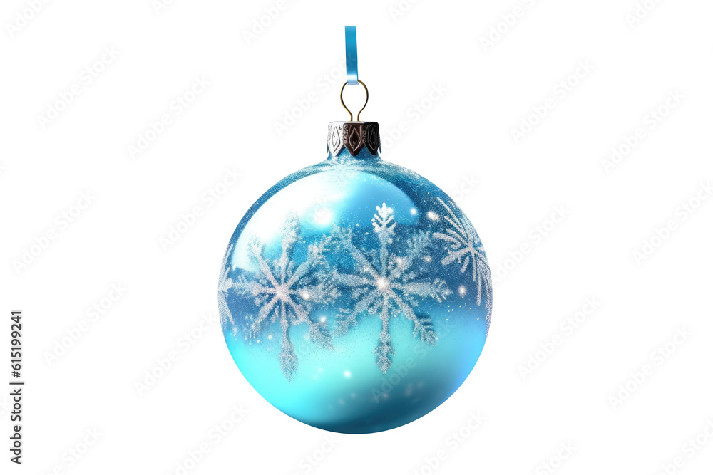 Blue Christmas ball with ribbon and a bow on white background. Generative AI Blue Christmas ball with ribbon and a bow on white background. Generative AI