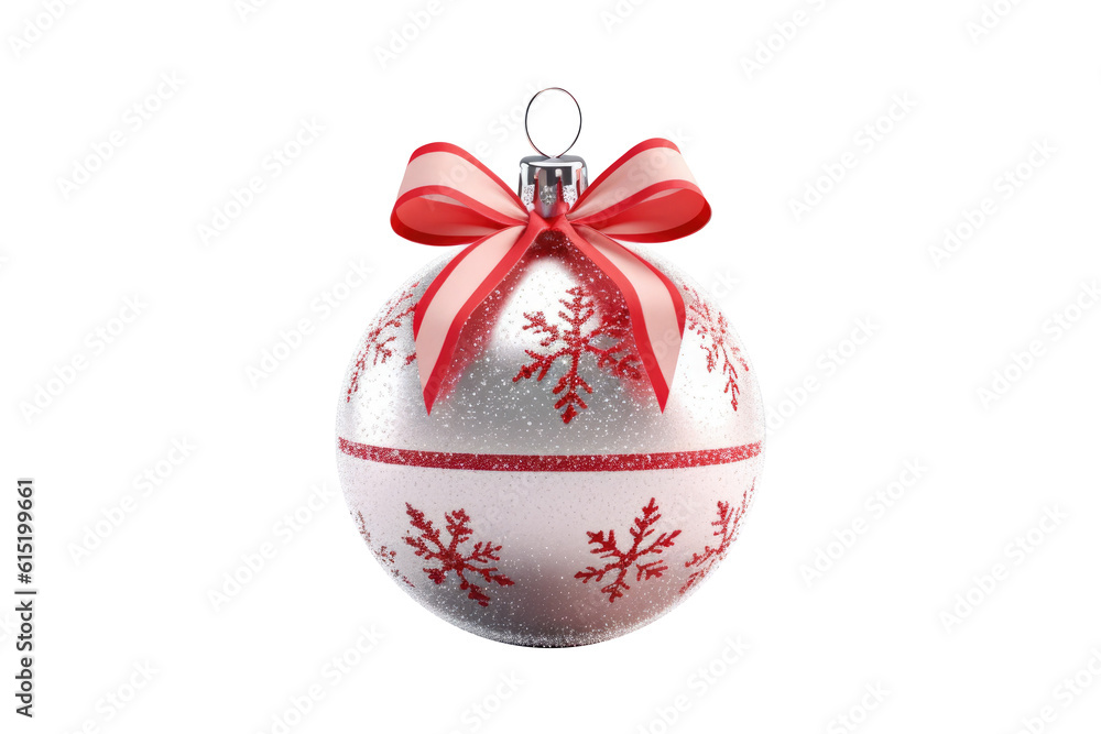Red Christmas ball with ribbon and a bow on white background. Generative AI Red Christmas ball with ribbon and a bow on white background. Generative AI