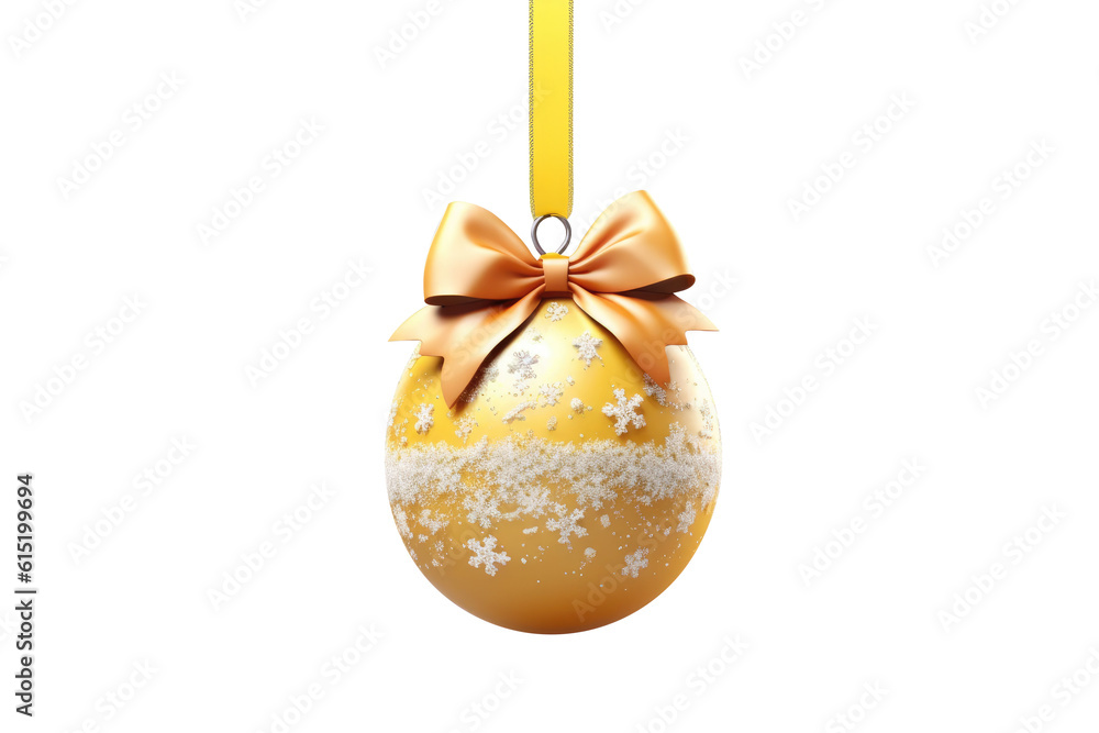 Yellow Christmas ball with ribbon and a bow on white background. Generative AI Yellow Christmas ball with ribbon and a bow on white background. Generative AI