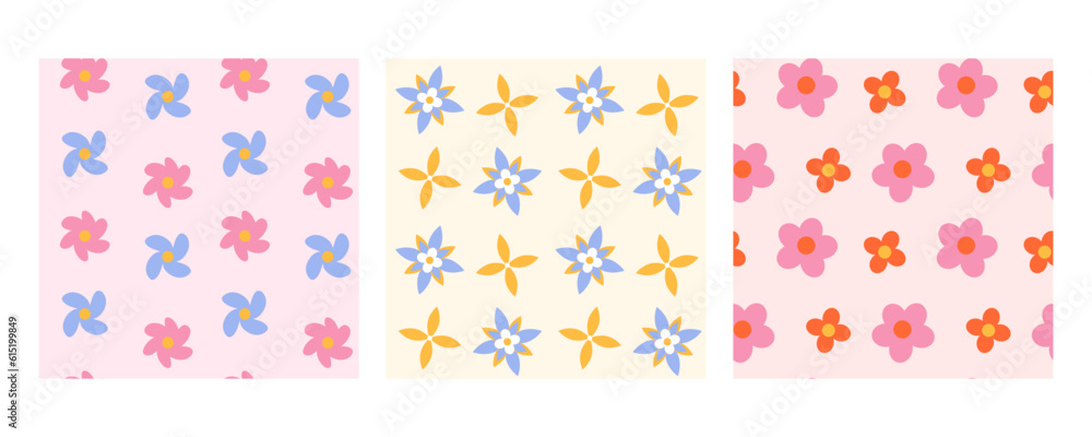 Groovy floral seamless pattern set. Trendy 70s style hippie flower background collection. Groovy floral seamless pattern set. Trendy 70s style hippie flower background collection.