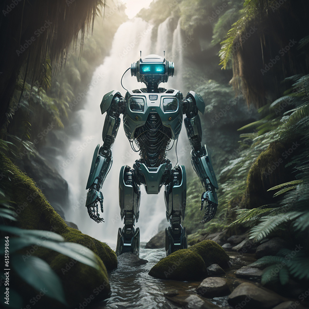A robot Artificial Intelligence immersed in a lush, vibrant jungle, with towering trees, cascading waterfalls, and exotic wildlife, its presence blending harmoniously with the natural environment, con A robot Artificial Intelligence immersed in a lush, vibrant jungle, with towering trees, cascading waterfalls, and exotic wildlife, its presence blending harmoniously with the natural environment, con