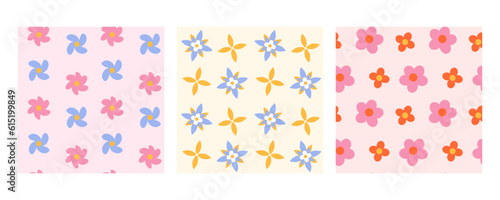 Groovy floral seamless pattern set. Trendy 70s style hippie flower background collection.
