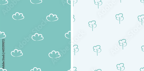 Colors art set seamless pattern with simple tree and plant. Vector illustration. Designs for background, wallpaper, fabric, textile, wrapping and all your creative project