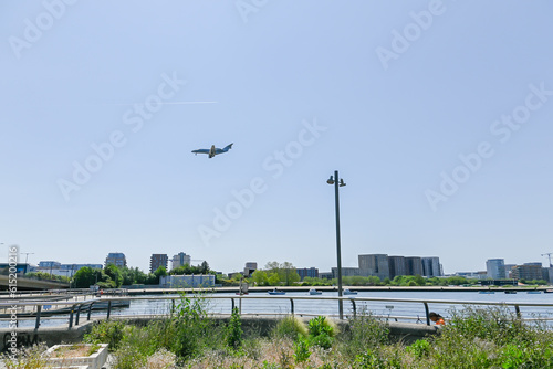 London, UK, 4 June  2023: Flight Landing At City Airport, Newham, London photo