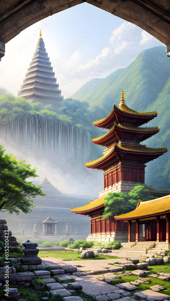 Panoramic temple landscape with scenic park and sky clouds Panoramic temple landscape with scenic park and sky clouds